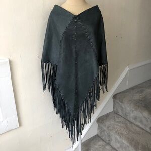 Moona Star Free People Gray Leather Studded Stitched Fringe Poncho EUC One Size